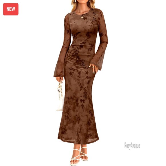 Long Sleeve Floral Bodycon Maxi Dress Ruched Mesh Wedding Guest Cocktail Party